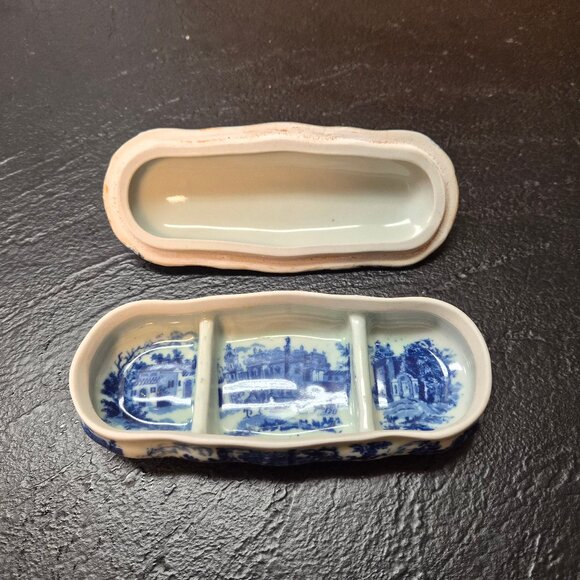 VTG Victoria Ware Flow Blue Ironstone Trinket Tray Lid 3 Compartments Shabby - Picture 6 of 9